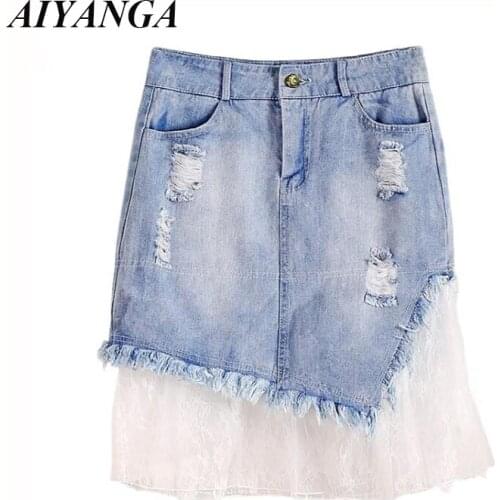 2017 New fashion women denim skirts patchwork lace mesh high waist holes tassel Pack hip slim lace jeans skirts for woman