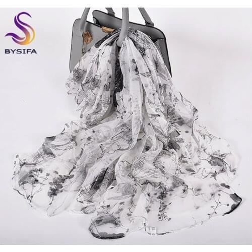 [BYSIFA] 2020 Spring New Silk Scarf Fashion Accessories Summer Beach Shawl Cover-ups Brand Elegant Grey White Women Long Scarves