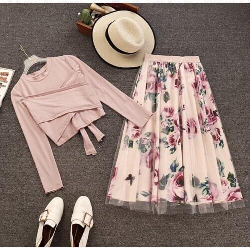 England Style Women Irregular T Shirt + Mesh Skirts Sets Elegant Pink Black Bow Short Tops Floral Skirt Suits for Spring S-L