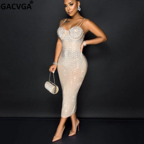 GACVGA Hot Drill Glitter Mid-Long Dress Crystal Women Sleeveless Perspective Summer Autumn Party Club Sexy Bodycon Dresses