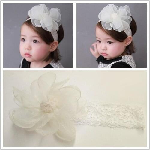 2017 Korean baby hair accessories newborn infant gauze ball burning flower lace elastic headbands children hair band headwear