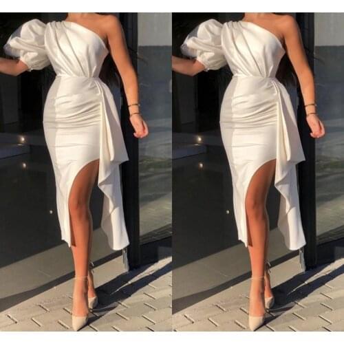 Cheap Sexy Cocktail Party Dresses One Shoulder Knee Length Side Slit Satin Short Prom Dresses Graduation Gowns vestidos de fiest