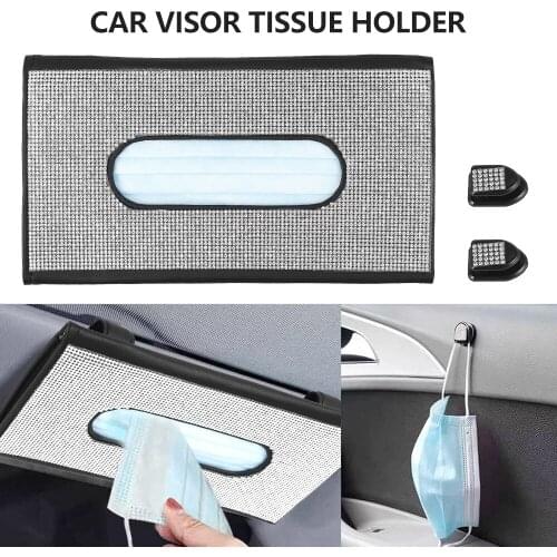 Car Sun Visor Tissue Box Holder Bling Crystals Cover Case Clip PU Leather Backseat Tissue Case Car Accessories
