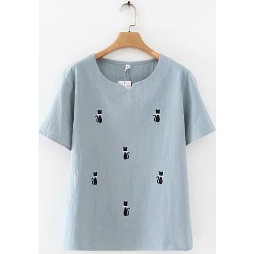 Plus size embroidery cat O neck women loose cotton tshirts 2020 new summer short sleeve t shirts female casual ladies t-shirts