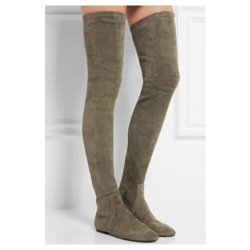 Botas mujer invierno fashion black flock leather over the knee boots woman stretch slim sock boots female chunky heel flats