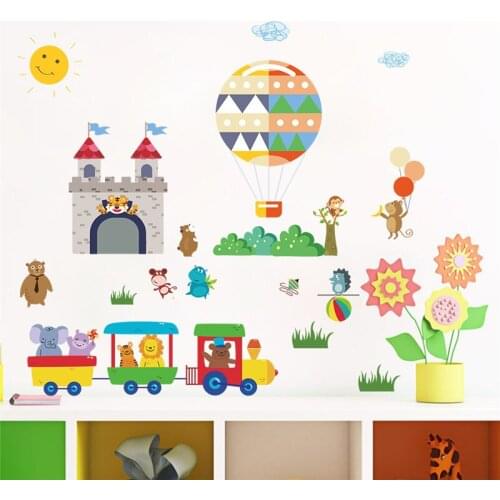 Forest Zoo Animals Car Train Wall Stickers For Kids Rooms Hot Air Ballon Wall decals Children Nursery Room Decor Birthday Gift