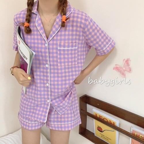 Plaid Home Suit Summer Pajamas Set Women Short Sleeve Turn Down Collar Sleepwear Loose Pijamas Casual Purple