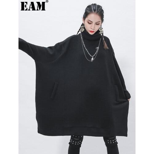 [EAM] Black Big Size Knitting Sweater Loose Fit Turtleneck Long Sleeve Women Pullovers New Fashion Tide Autumn Winter 2021 1Z319