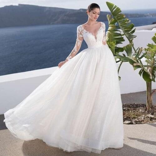 Eightree Elegant White Beach Wedding Dresses 2021 Long Sleeve Lace Bride Dress V Neck Backless Boho Wedding Gowns Glitter Tulle