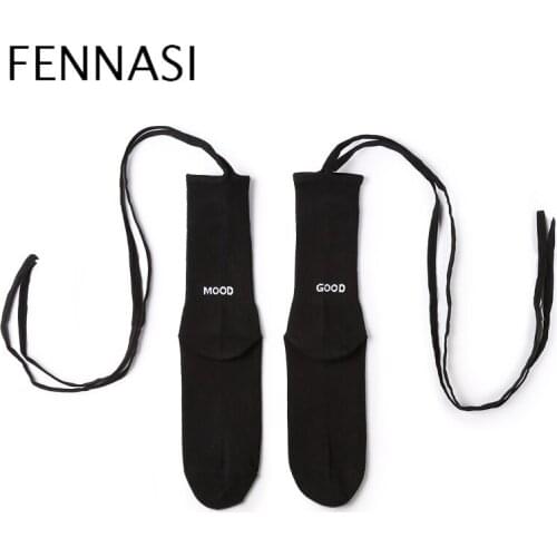 FENNASI Spring Summer Fashion Trend Cotton Crew Woman Socks Japanese Personality Solid Color Letters Tied Rope Funny Socks
