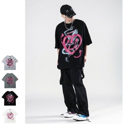 Street Graffiti Little Devil Love Print Cotton Short-sleeved T-shirt High Quality Loose Oversize Mens Hip-hop Trend Couple