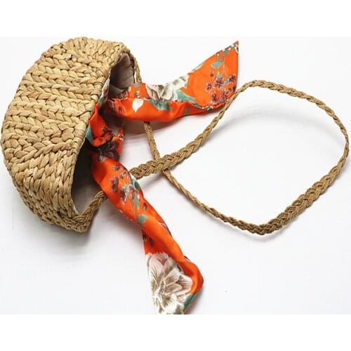 Summer Pumpkin Grass Strap Shoulder Bag, Crossbody Bag, Woven Bag Scarf Silk Tie Beach Bag