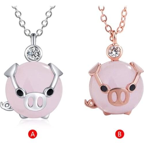 Fashion Cute Rose Gold Rose Crystal Pendant Lucky Pig Necklace Girl Gift K3ND