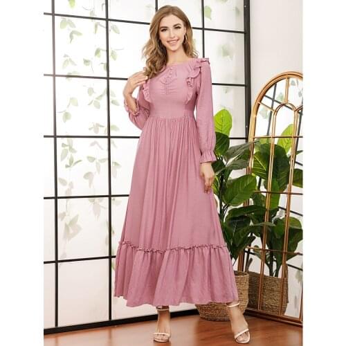 Fashion O Neck Studded Slim Ruffles Stitching Pink Long Dress Long Sleeve Ruched Elegant Maxi Dress For Party Night Dating Wear