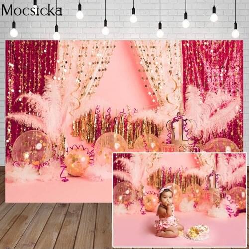 Newborn Girl Birthday Cake Smash Backdrop Pink Children Portrait Backdrop Balloons Glitter Kids Art Photography Props Studio