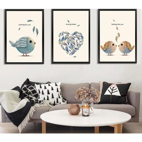 Unframed Pop Nordic Style Canvas Print painting Modern Lovely Bird Poster Wall Art Picture For Home Decor Living Room LZ499