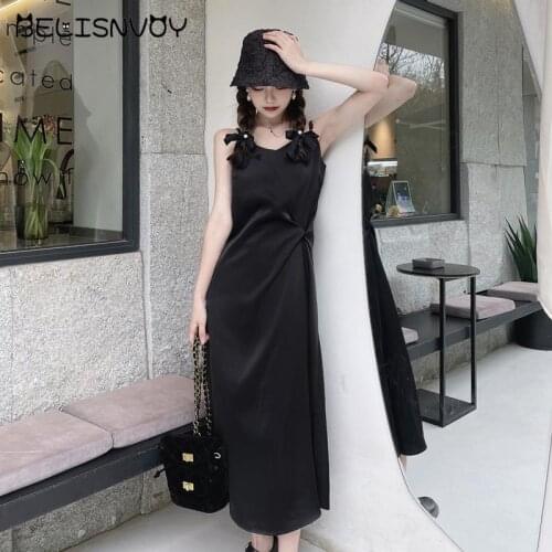 Sexy V-neck Basic Solid Suspender Summer Long Dress For Women Sleeveless Satin Elegant Loose High Waist Party Wear Female Dress