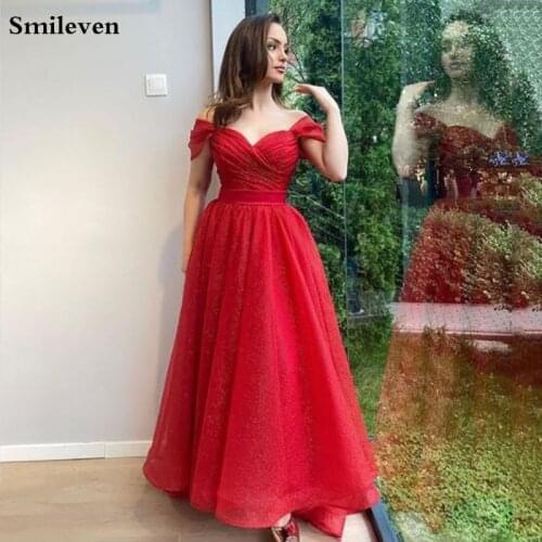 Smileven Sexy Red Off the Shoulder Glitter Tulle Evening Dresses Ankle Length A Line With Sleeves Lady Formal Party Gowns