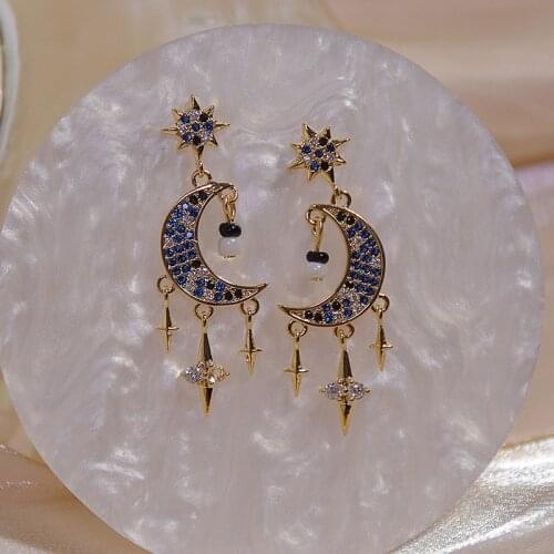 Romantic 14K Gold Plated Moon Stud Earrings for Women Black Star Tassel Cubic Zircon CZ Earrings