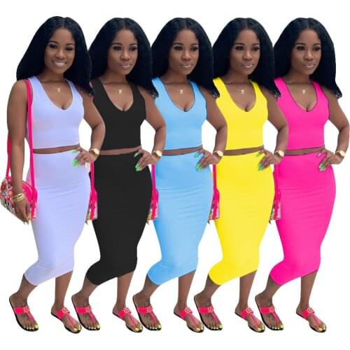 Trendy New Products 2021 Summer Pure Color Sleeveless Sexy V-neck Womens Two-piece Skirt Set