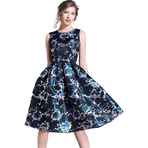 BunniesFairy 2020 Spring Summer Hepburn Vintage Blue Rose Flower Print Floral Jacquard Dress Knee Length Party Vestidos De Festa