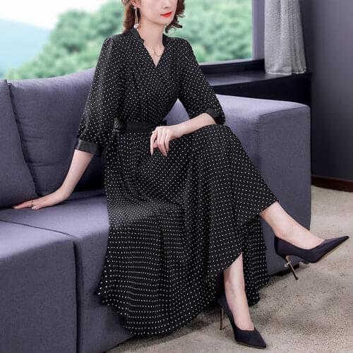 High-End Black And White Polka Dot Chiffon Dress 2021 Female Summer New Office Lady Temperament Long Dress Women Workwear zh1634
