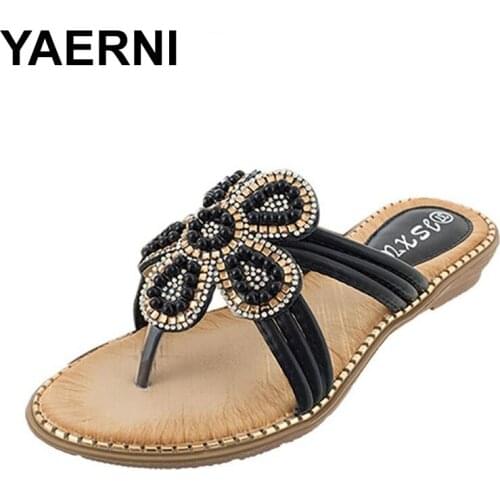 YAERNI Outdoors Women Wedge Slippers Flower Thongs Summer Fashion Ladies Sandalia Genuine Floral Pearl High Quality Women Slippe