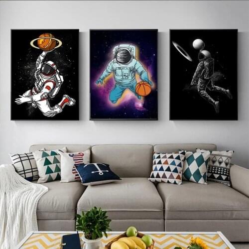Fun Art Astronaut Playing Basketball In Space Canvas Painting Posters Prints Wall Art Picture Cuadros Home Decoration Room Decor