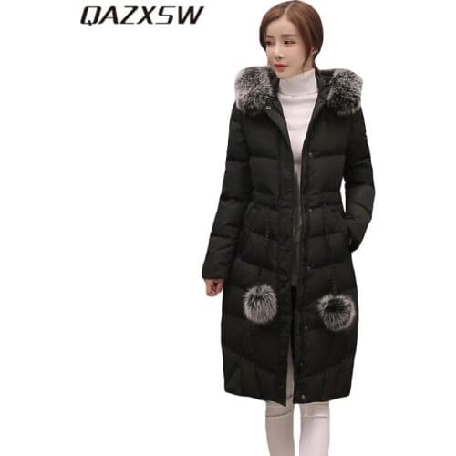 QAZXSW 2019 New Winter Jacket For Women Warm Outwear Fur Collar Hooded Jacket Thick Slim Cotton Jacket Abrigos Mujer HB111