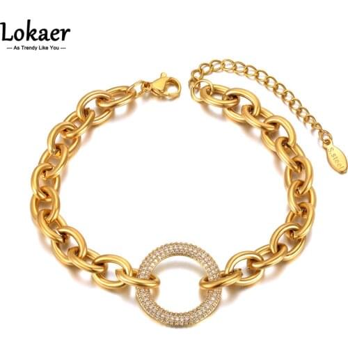 Lokaer Trendy CZ Crystal Geometry Circle Charm Bracelets For Women 18K Gold Stainless Steel Chain Bohemia Beach Bracelet B21092