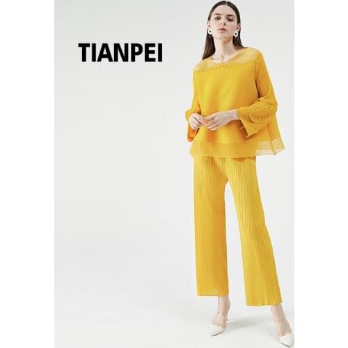 Miyake Pleated two piece set summer matching sets for women loose T-shirt straight-leg pants casual lounge wear set with beads