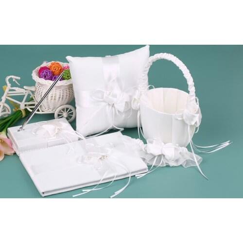 5pcs/set White Wedding Supplies Satin Flower Girl Basket + Ring Bearer Pillow + Guest Book + Pen Holder + Bride Garter Set