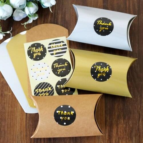 6set Pillow Shape Paper Box Golden Silver Kraft Candy Boxes with Thank you Sticker Set Xmas Set Party Favor Treat Box 8x14.9x4cm