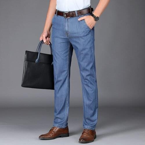 8051B Summer Men Stretch Jeans Business Casual Straight Thin Daily Chic Gentlemen Comfortable Blue Washing Luxury Denim Trousers