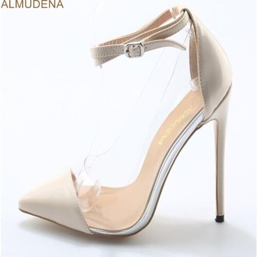 ALMUDENA Gorgeous Pointed Toe Pumps Beige Color Patchwork Transparent PVC Gladiator Pumps Double Ankle Strap Women High Heels