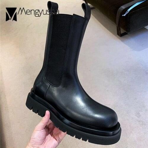 Chunky Heels Platform Boots Women Genuine Leather Bota Double Hook Shoes High Top Motorcycle Botines Winter Stretch Snow Bottes
