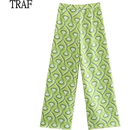 TRAF Za Women Pants 2021 Summer Vintage Print High Waist Loose Wide Leg Pant Y2k Woman Clothing Trousers Woman Straight Pants