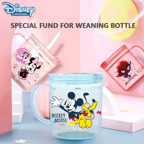 Disney Children Milk Cups with Sippy Kids Milk Bottle with Scales Cartoon Mickey Minnie Princess Sippy Cups Cute Straw Cup