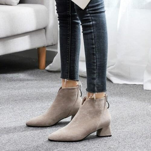 Women Classics Ankle Boots Kid Suede Soft Shoes Anti-Skid Women Boots High Heels Zipper Causal Ladies Footwear R4-46