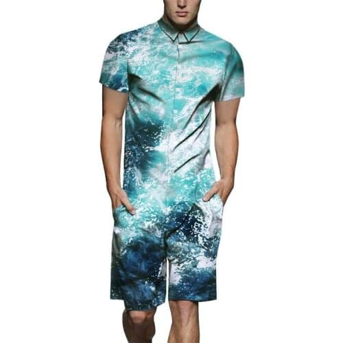 Summer Mens Fashion Design Romper 3D Ocean Wave Print Playsuit Male Short Sleeve Beach Sets Casual Jumpsuit Overalls US Size