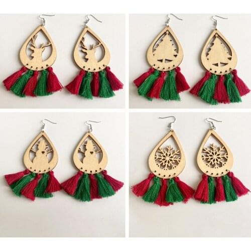 Red Cotton Fringe Tassel Snowflake Elk Christmas Tree Wooden Cutout Hollow Dangle Drop Earrings for Women Trendy Christmas Gift
