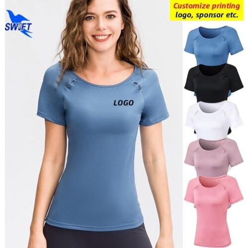 Summer Breathable Quick Dry Running Shirt Women Solid Workout Tops Elastic Gym Yoga Breathable Short Sleeve T-Shirts Customize