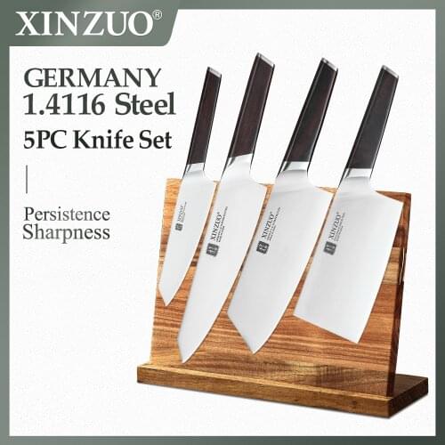 XINZUO 5PCS Kitchen Knives Set Stainless Steel Kitchen Tools High Quality Acacia Wood Magnetic Knife Holder For Chef 's Gift