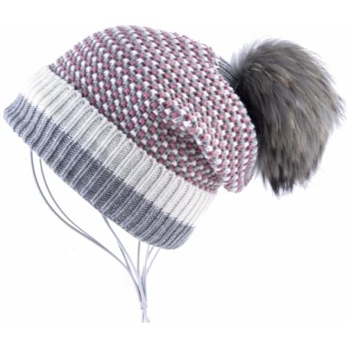 Winter Knitted Wool Hat Womens Beanie Raccoon Fur Pompom Ball Skullies Caps Ladies Knit Hats Thicker Plush Beanies For Women