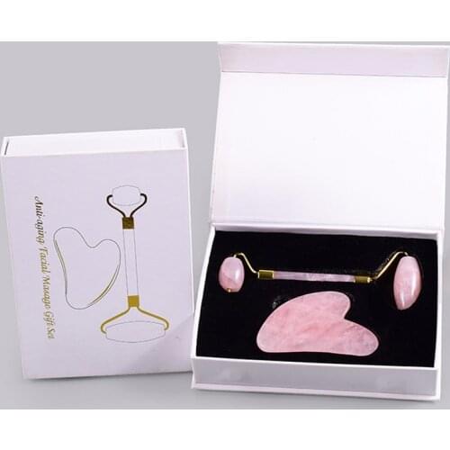 Rose Quartz Face Roller Gouache Scraper Facial Massager for Anti Wrinkle Jade Stone Massage Roller Gua Sha Scraper Set with Box