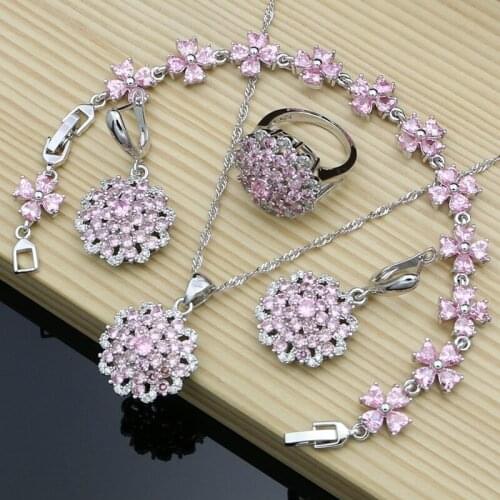 Luxury Pink Cubic Zirconia Charm Jewelry Sets 925 Silver Earrings Nacklace Set for Women Wedding and Gifts for Women