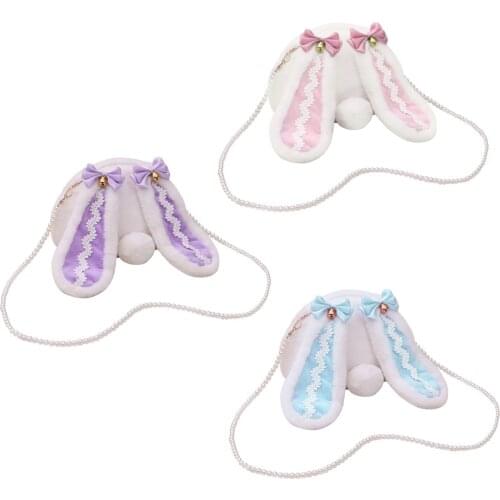 Girls Bow Bells Cartoon Rabbit Shoulder Bag Cosplay Kawaii Crossbody Bag Purse Gift Cute Plush Messenger Pocket with Pearl Chain