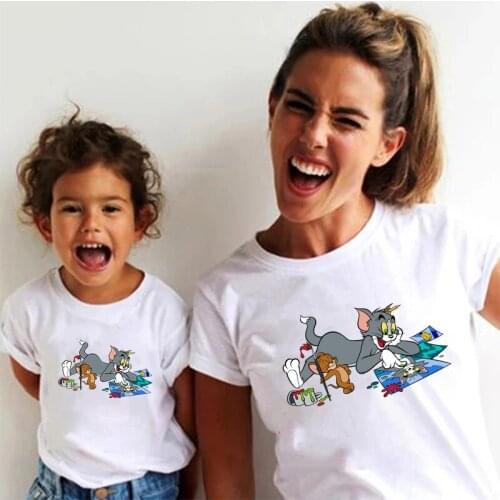 White Comfortable Mothers and Children Minimalist Style Holiday Outfits Cartoon Cat and Mouse Funny Patterns Printed Summer Tees