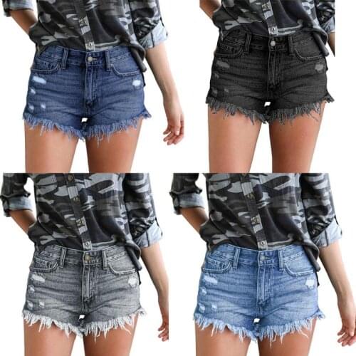 Sexy Hole High Waist Denim Shorts Women Summer 2021 Streets Wear Cotton Blue Black Grey Tfringed Pockets Rip Denim Shorts
