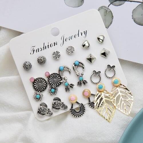 12Pairs Alloy Earrings Elegant Female Small Ear Stud Set Wedding Jewelry
